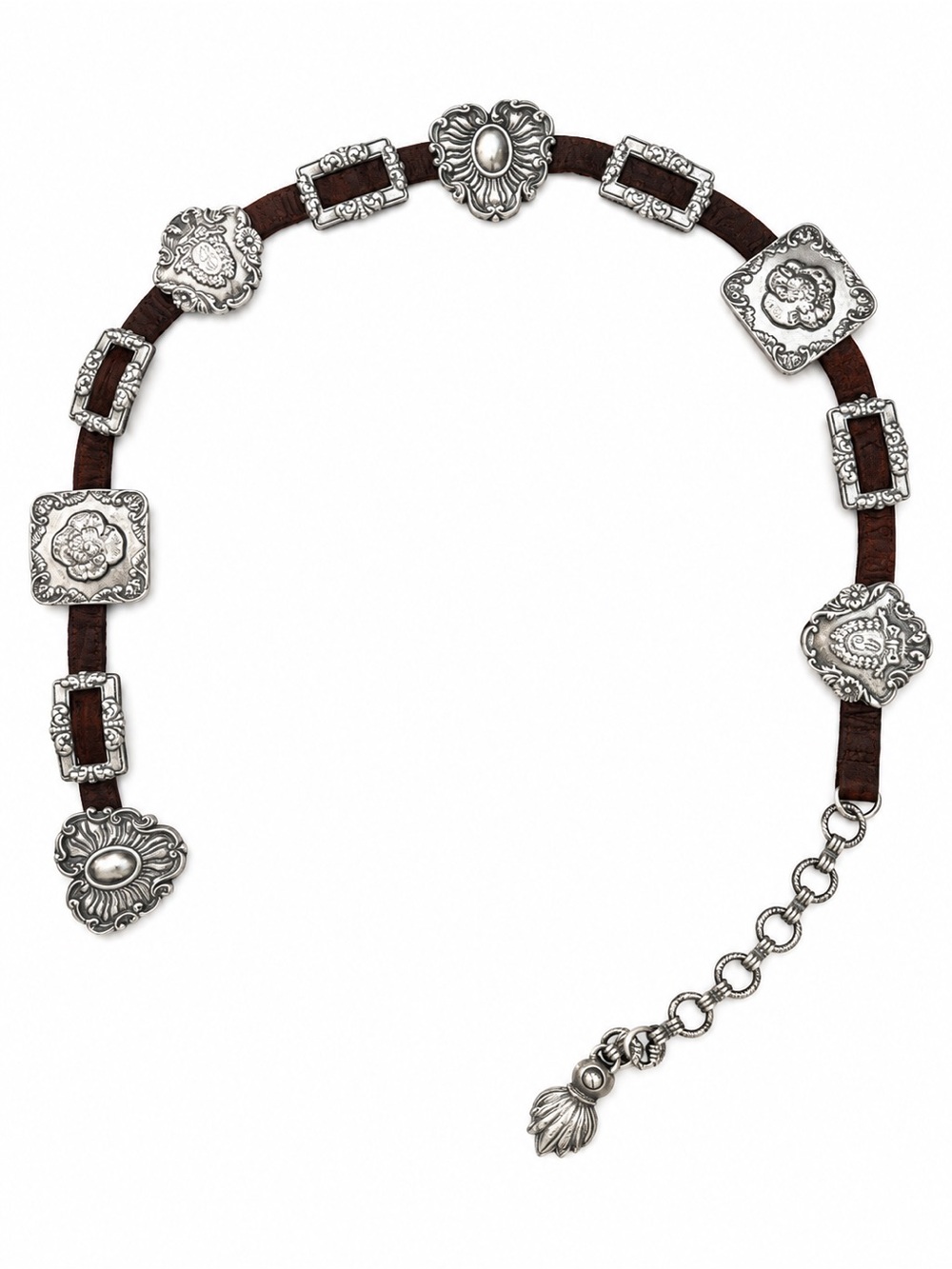 Brighton Brown Leather Belt with Silver Conchos and Chain